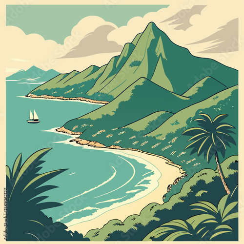Scenic tropical island view with mountains, ocean, beach, palm trees, and a sailboat on the water