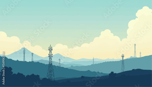 Landscape of Mountain Range with Communication Towers Under Colorful Sky