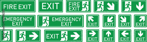 Emergency Exit Icon set. Vector illustration of running man and exit door sign. Escape and evacuation symbol. Various exit sign isolated white background.Evacuation and relocation of people to safety.
