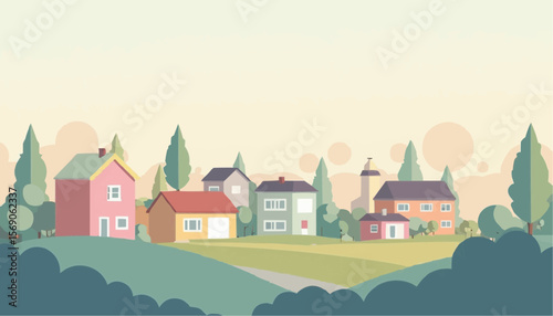 Colorful Village Scene with Houses Trees and Hills in Soft Pastel Tones
