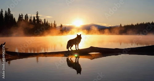 A lone wolf silhouette stands sentinel on a log at sunrise over a misty lake