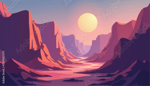 Stylized Mountain Landscape with Pink Purple Cliffs and Sunset in Soft Pastel Colors