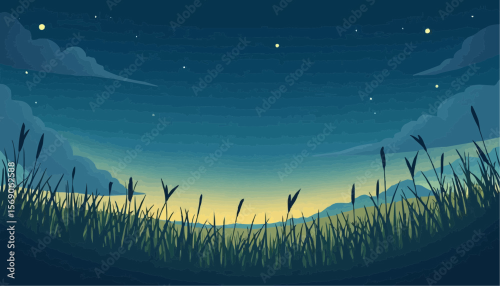 Fototapeta premium Night Sky Landscape with Stars and Grass in Calm Countryside Scene