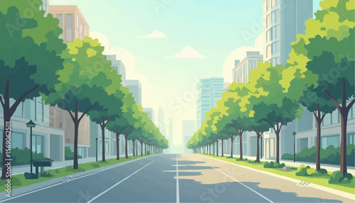 Empty Urban Street Lined with Green Trees and Modern Buildings in Bright Daylight
