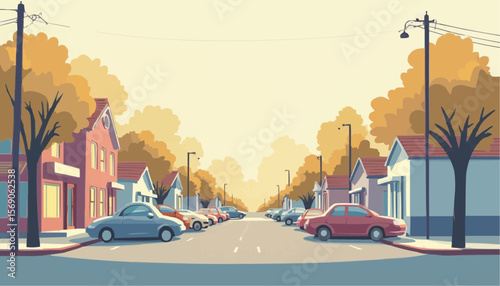 Quiet Suburban Street Scene with Colorful Houses and Parked Cars in Warm Evening Light