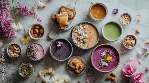Wallpaper Mural Overhead shot of clean eating essentials, colorful smoothie bowls, almond butter toast, raw nuts, edible flowers Torontodigital.ca