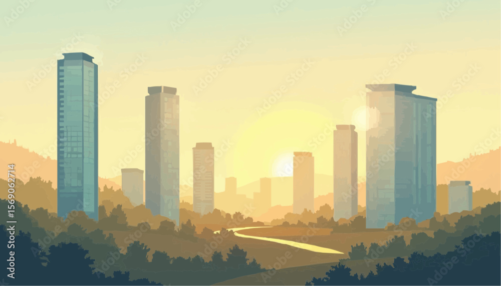 Fototapeta premium Sunrise Over Modern Cityscape with Tall Skyscrapers and Natural Landscape