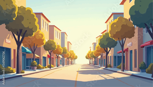 Colorful Cartoon City Street Scene with Trees and Shops in Bright Daylight