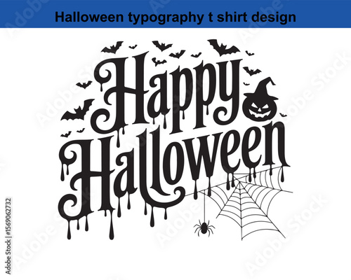 Elegant Happy Halloween Typography with Bats Pumpkin Spider and Web Design