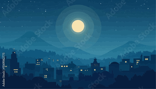 Night Cityscape with Full Moon and Starry Sky in Calm Blue Tones