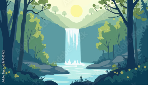 Serene Waterfall Scene in Lush Green Forest with Bright Sun and Calm River Nature Landscape