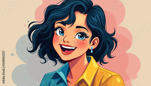 Smiling young woman with wavy hair in a colorful shirt