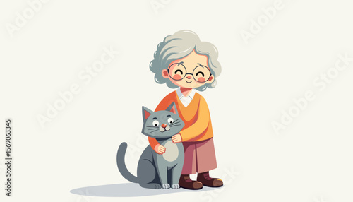 Happy elderly woman with gray cat on light background