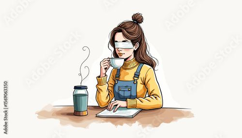 Blindfolded woman enjoying coffee while writing