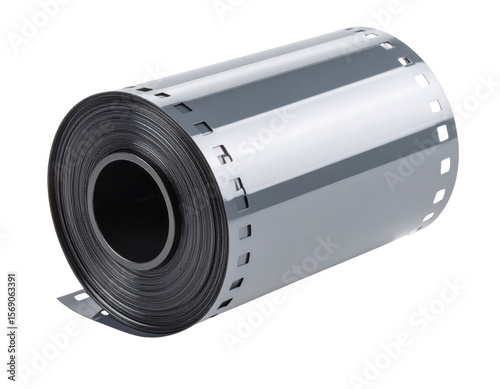 A tightly rolled black and white photographic film strip with visible sprocket holes along the edges.
