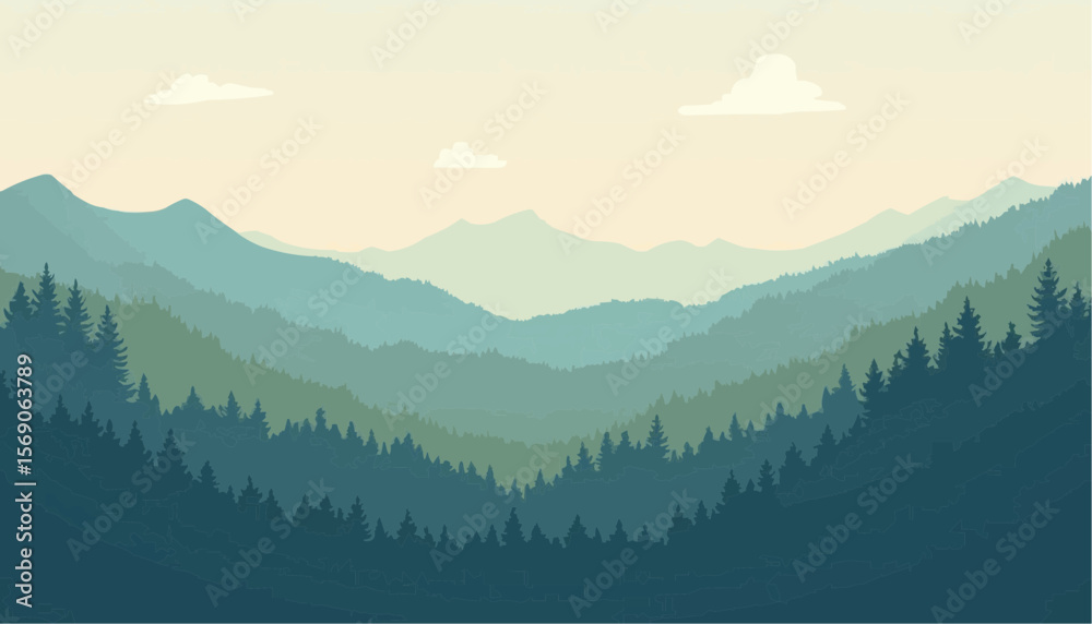 Fototapeta premium Serene Forest Mountain Landscape with Layered Trees and Soft Cloudy Sky