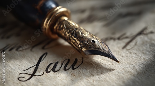 Quill pen tip on legal document with calligraphy and word LAW