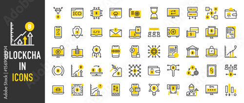 Such as Blockchain icons. Prediction, Code, Secure, Exchange, Anonymous, Conversion, Analysis, Access, Distributed, Ico, Revenue, Consensus, Cryptocurrency vector illustration.