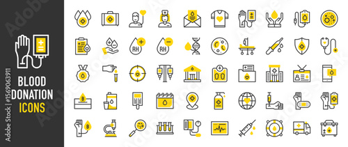 Such as Blood donation icons. Bandage, First Aid Box, Placeholder, Cardiac, Blood Cells, Weighing Scale, Shield, Blood Type, Test Tube, Microscope, Dna, Milk vector illustration.