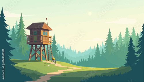 Wooden Treehouse on Elevated Platform in Forest with Sunny Sky