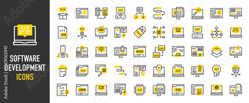 Such as Software development icons. Soc, Flow Chart, Optimization, Layer, Workflow, Responsive, Alert, Drivers, Merge, Quality, Malware, Hierarchical Structure vector illustration.	
