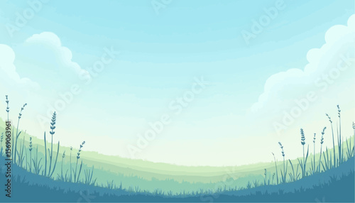 Serene Green Meadow Landscape with Blue Sky and Clouds in Nature Scene