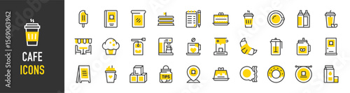 Such as Cafe icons. Tips, Croissant, Coffee, Ketchup Bottle, Milk Carton, Bread, Coffee Shop, Cold Coffee, Dinner Table, Donut, Door, Egg And Bacon, Iced Tea, Cake vector illustration.