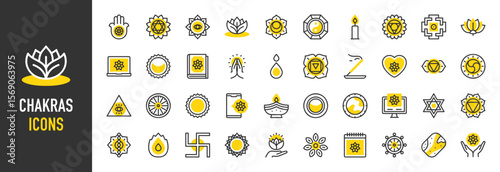 Such as Chakra icons. Namaste, Inertia, Water, Book, Manipura, Heart, Eye, Muladhara, Svadhisthana, Laptop, Dharma Wheel, Lotus, Ajna, Earth, Eclipse, Fire, Incense vector illustration.