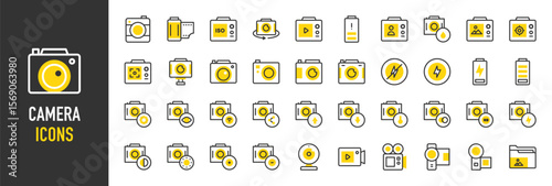 Such as Camera icons. Video Camera, Photos, Battery, Picture, Flash, Camera Film, Cinema, Focus, Iso, No Flash, Play, Rotating, Selfie, Video Camera, Webcam, vector illustration.