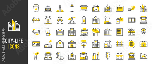Such as City-life icons. Chimney, Construction, Briefcase, Bridge, Factory, Shopping Mall, Muffler, Street Light, Houses, Garage, Police Station, Traffic Lights vector illustration.