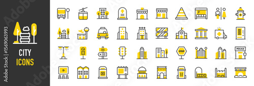 Such as City icons. Cemetery, Bus Station, Police, School, Taxi, Traffic Cone, Building, Toilet Signs, City Hall, Hotel, Hydrant, Cable Car Cabin, Airport, Bus vector illustration.