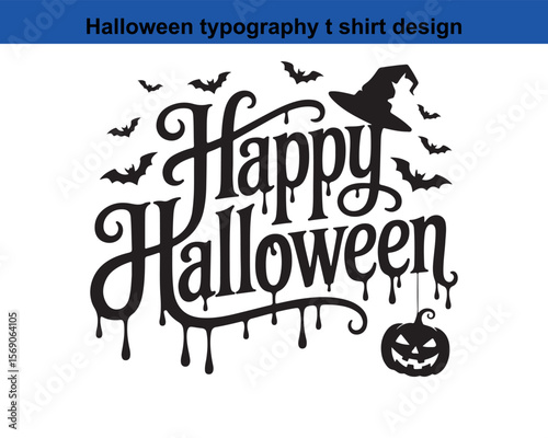 Festive Happy Halloween Typography Design with Bats Witch Hat and Pumpkin