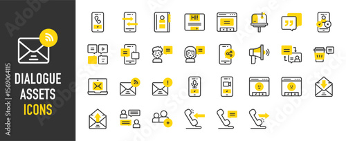 Such as Dialogue assets icons. People , Phone, Dialogue, Mail, Phone Call, Smartphone, Social Media, Speech Bubbles, Girl, Envelope, Laptop, Phone Record, Window vector illustration.