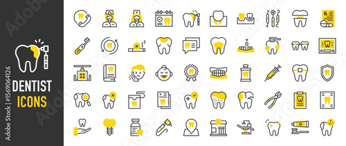 Such as Dentist icons. Toothache, Baby Teeth, Appointment, Plaque, Dentist Chair, Drilling, Healthy, Prescription, Award, Root Canal, Broken, Dental Care, Dentistry vector illustration.