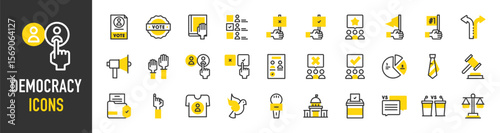 Such as Democracy icons. Support, Candidates, Justice Court, Debate, Vote, Justice Scale, Direction, Raise Hand, Choice, Protest, Capitol, Candidate, Dove vector illustration.