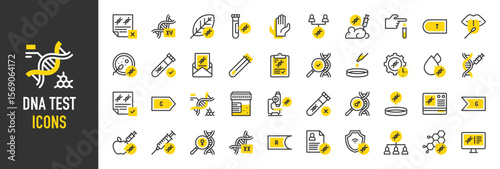 Such as Dna test icons. Blood Test, Pcr Machine, Inheritance, Chromosome, Test Results, Biotechnology, Sperm, Mouse, Test Tube, Microscope, Cotton Swab, Structure vector illustration.