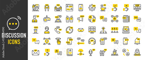 Such as Discussion icons. Email, Telephone, Exchange, Private Message, Message Types, Headphone, Settings, Translation, Online Meeting, Anchor, Silence, Meeting vector illustration.