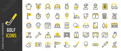 Such as Golf icons. Polo, Golf, Mini Golf, Golf Ball, Golf Bag, Sock, Scoreboard, Lawn Mower, Map, Golfer, Weather, App, Forest, Gloves, Golf Flag, Stick, Binocular vector illustration.	