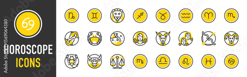 Such as Horoscope icons. Scorpio, Taurus, Libra, Virgo, Leo, Pisces, Cancer, Capricorn, Gemini, Sagittarius, Taurus, Aquarius, Aries vector illustration.