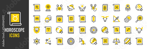 Such as Horoscope icons. Water, Lion, Search, Scale, Tarot Card, Pisces, Taurus, Aquarius, Capricorn, Constellation, Crystal, Crystal Ball, Dreamcatcher, Earth vector illustration.