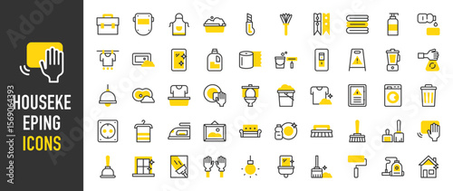 Such as Housekeeping icons. Painting Roller, Welder, Washing Machine, Towel, Painting, Wet Floor, Cleaning, T Shirt, Liquid Soap, Electric Panel, Iron, Switch vector illustration.
