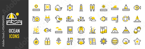 Such as Ocean icons. Ship, Fish, Beach, Shark, Shells, Seaweed, Waves, Sun, Porthole, Anchor, Fins, Helm, Life Vest, Lifesaver, Lighthouse, Oars, Ocean, Pirate Flag vector illustration.
