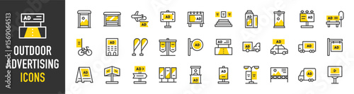 Such as Outdoor advertising icons. LED, Ads, Mupi, Roll Up, Megaphone, Boarding, Roadshow, Poster, Store Sign, Billboard, Bike, Bow Flags, Document, Aircraft vector illustration.
