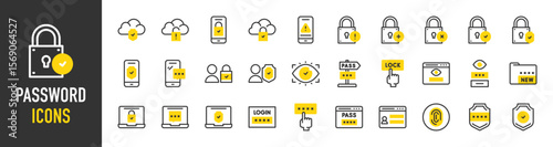 Such as Password icons. Folder, User, Password, Smartphone, Cloud Computing, User, Laptop, Browser, Login, Padlock, Lock, Finger Scanner, Shield, Padlock vector illustration.