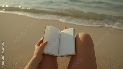 Close-up of a person holding an open book while sitting on the beach. Calm seaside atmosphere with soft golden light and gentle waves in the background.