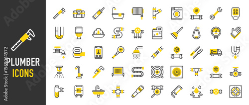 Such as Plumber icons. Hose, Sink, Leak, Drain, Toilet, Washing Machine, Maintenance, Shower, Bathtub, Pipe, Frozen, Sprinkler, Water Heater, Cleaner, Meter, Clog vector illustration.
