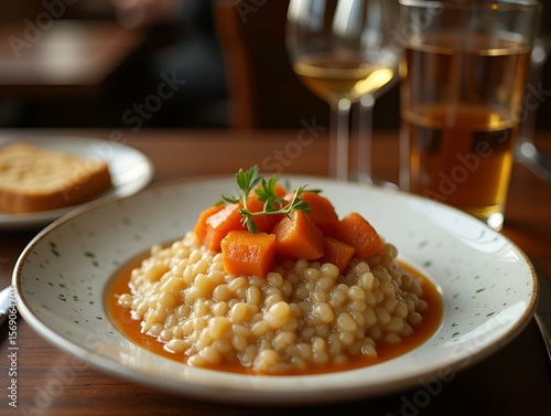 for lunch,restaurant serves traditional Russian dish - stewed barley porridge with fried lard and wine of your choice