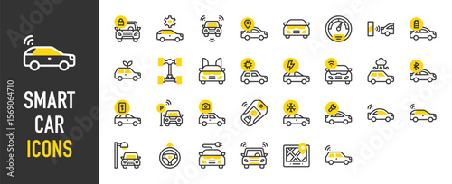 Such as Smart car icons. Smart Key, Bluetooth, Camera, Chassis, Repair, Parking Sensor, Speedometer, Speed Camera, Autopilot, Electric Car, Location vector illustration.