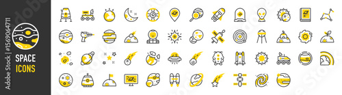 Such as Space icons. Atmosphere, Comet, Star, Milky Way, Alien, Nebula, Space Gun, Constellation, Space Station, Falling Star, Book, Rocket Launch, Research, Gravity vector illustration.