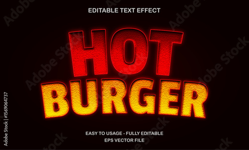 Hot burger text effect with spicy grilled style for fast food advertisement or packaging